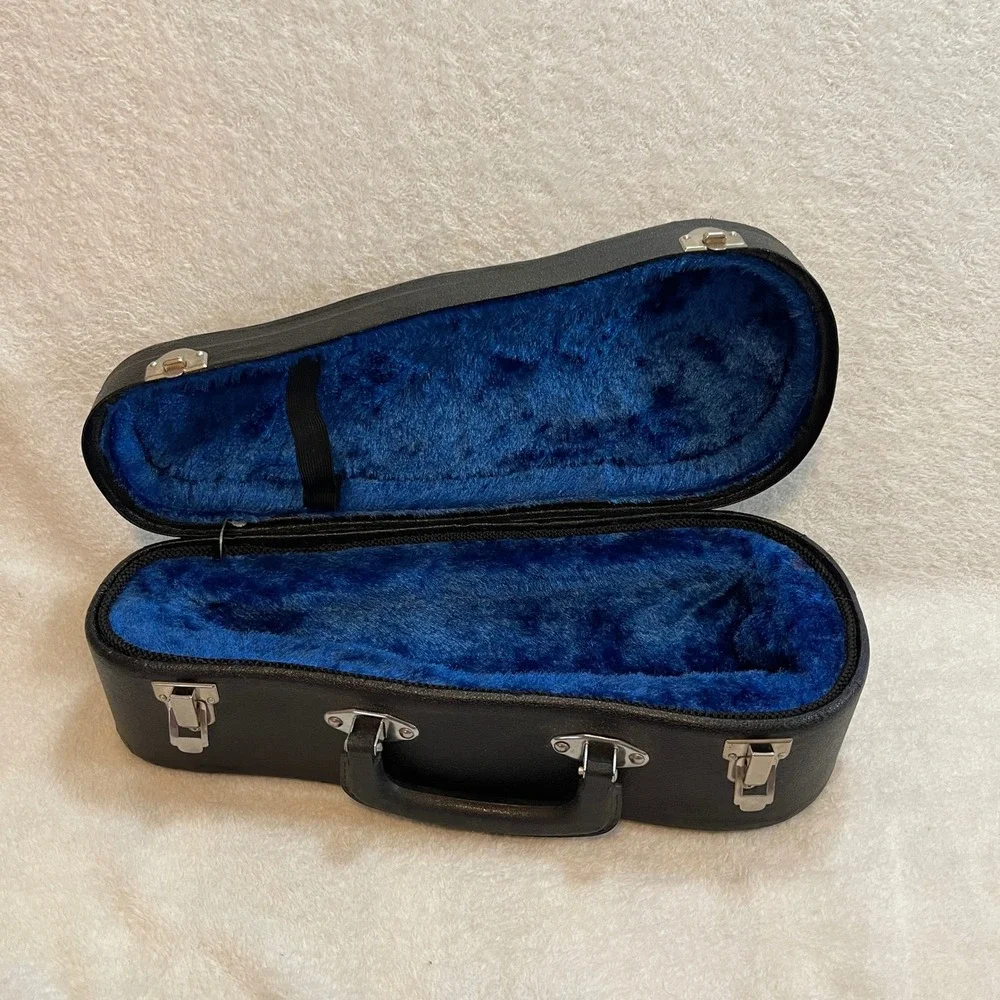 Vintage Violin Shape Wine Bottle Case Music Box Japan Blue Plush Lining Black